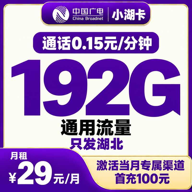 广电小湖卡29元192G+0.15/分钟【只发湖北】