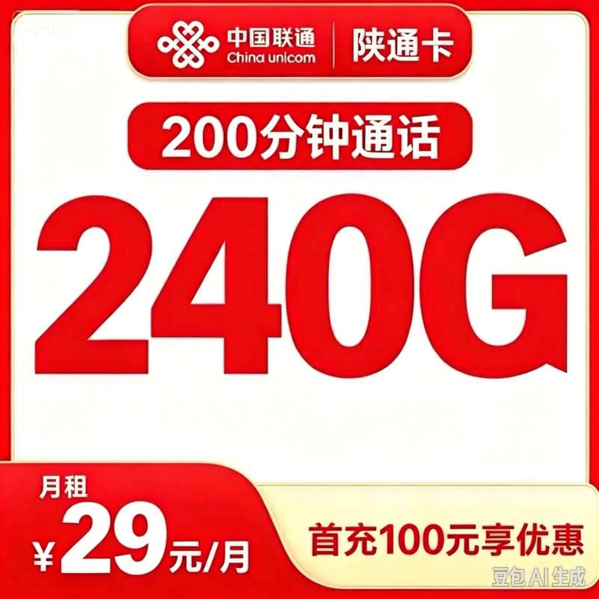 联通陕通卡29元240G+200分钟【只发陕西】